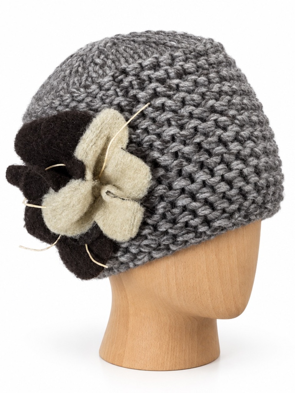 Gelso Bianco Women’s Gray Alpaca Knit Women's Hat with Floral Accent